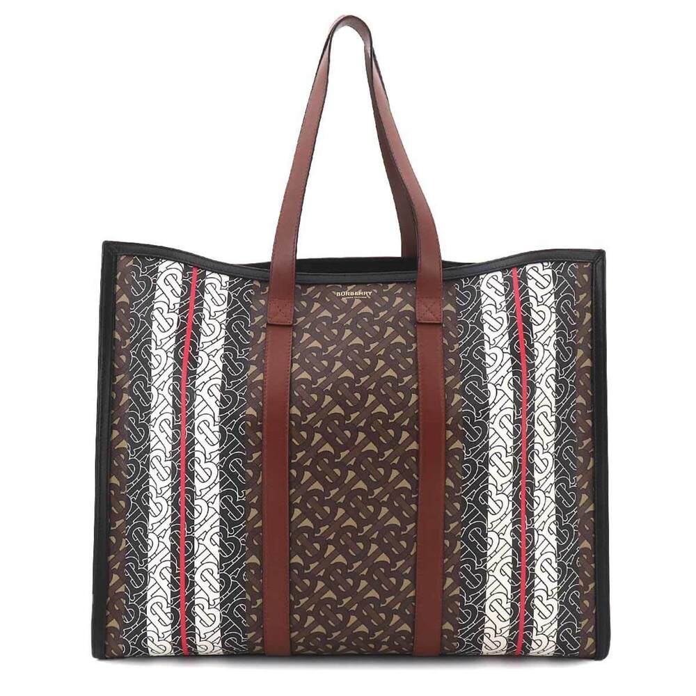 Burberry TB Monogram Stripe Tote Handbag Leather Brown 80214881 Bag